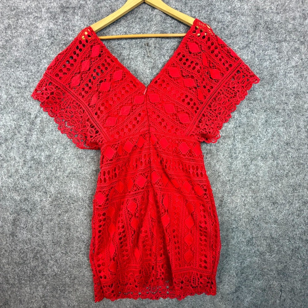 Lulus First Kiss Mini Dress Womens L Red Geometric Crochet Flowy Dopamine Boho - Picture 2 of 6